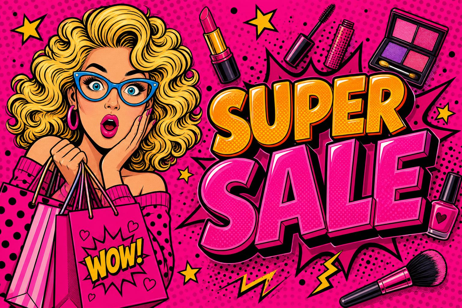 Pop art Super Sale banner with a woman in cat-eye glasses and makeup items on hot pink background