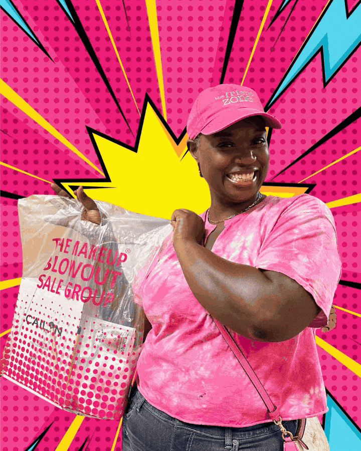Smiling shopper holding a Makeup Blowout Sale bag in front of a pop art burst background